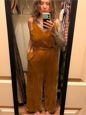 ASTR The Label Hey Hey Hey Gold Velvet Belted Tassle Wide Leg Jumpsuit Mustard